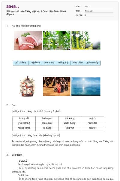 Bài tập cuối tuần Tiếng Việt lớp 1 Cánh diều Tuần 18 có đáp án