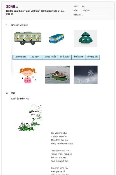 Bài tập cuối tuần Tiếng Việt lớp 1 Cánh diều Tuần 24 có đáp án