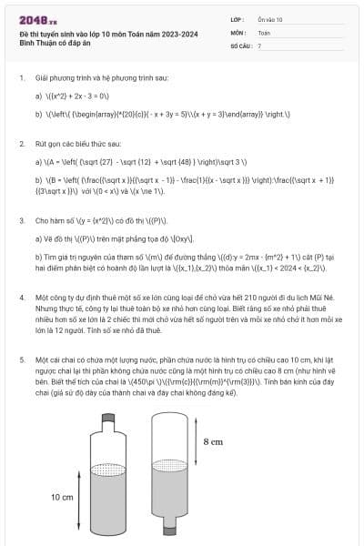 Đề thi tuyển sinh vào lớp 10 môn Toán năm 2023-2024 Bình Thuận có đáp án