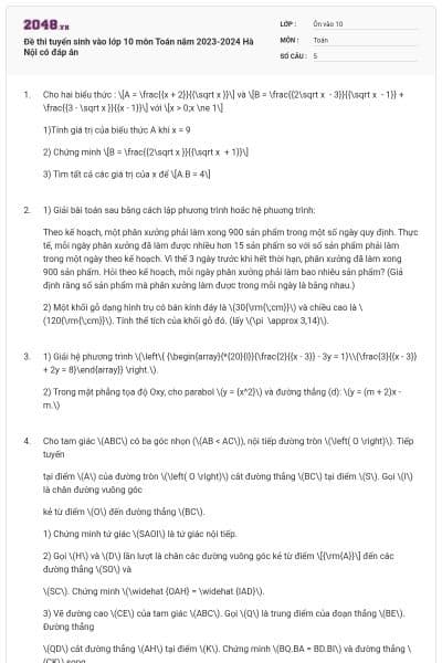 Đề thi tuyển sinh vào lớp 10 môn Toán năm 2023-2024 Hà Nội có đáp án