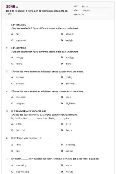Bộ 3 đề thi giữa kì 1 Tiếng Anh 10 Friends global có đáp án - Đề 1