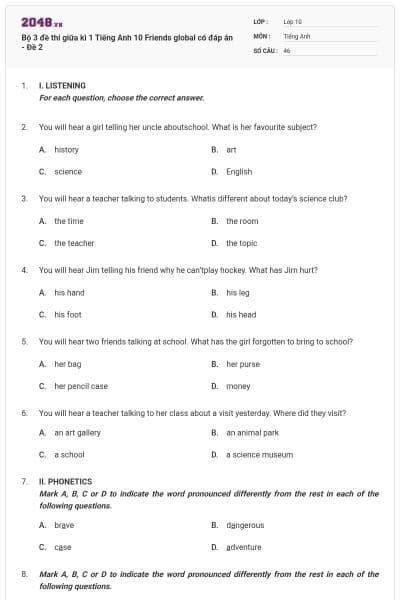 Bộ 3 đề thi giữa kì 1 Tiếng Anh 10 Friends global có đáp án - Đề 2
