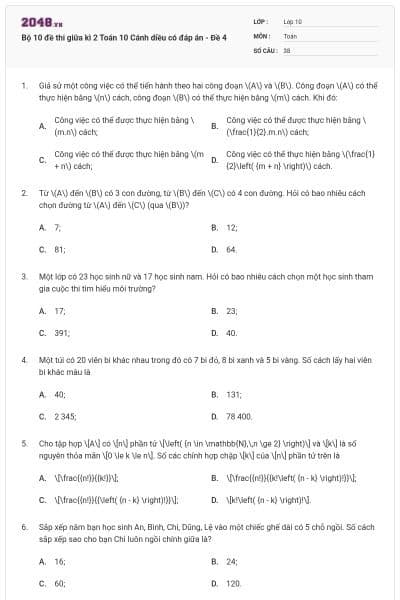 Bộ 10 đề thi giữa kì 2 Toán 10 Cánh diều có đáp án - Đề 4