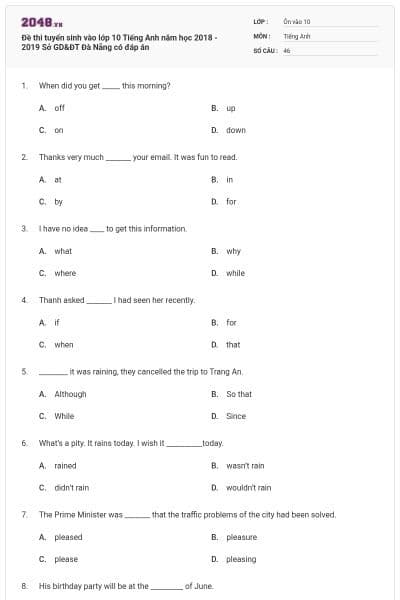 Đề thi tuyển sinh vào lớp 10 Tiếng Anh năm học 2018 - 2019 Sở GD&ĐT Đà Nẵng có đáp án