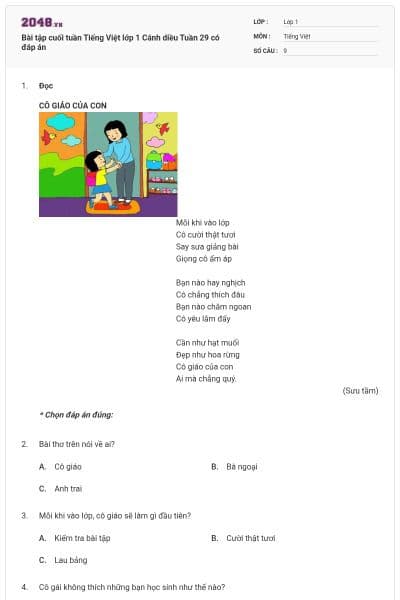 Bài tập cuối tuần Tiếng Việt lớp 1 Cánh diều Tuần 29 có đáp án