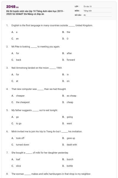 Đề thi tuyển sinh vào lớp 10 Tiếng Anh năm học 2019 - 2020 Sở GD&ĐT Đà Nẵng có đáp án
