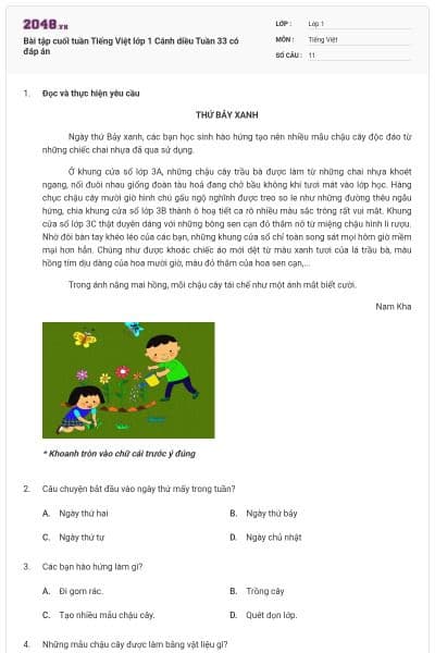 Bài tập cuối tuần Tiếng Việt lớp 1 Cánh diều Tuần 33 có đáp án