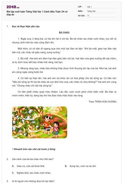 Bài tập cuối tuần Tiếng Việt lớp 1 Cánh diều Tuần 34 có đáp án