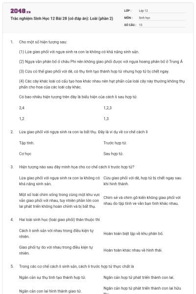 Trắc nghiệm Sinh Học 12 Bài 28 (có đáp án): Loài (phần 2)