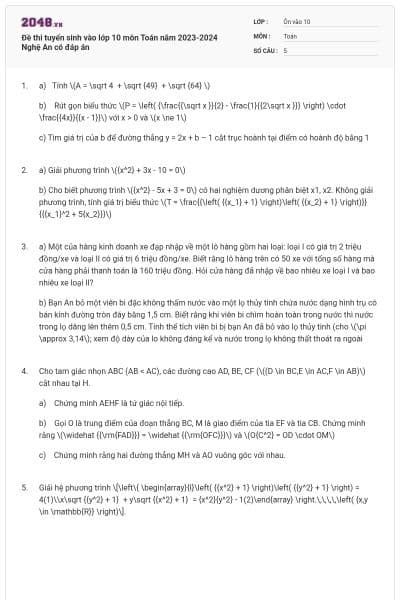 Đề thi tuyển sinh vào lớp 10 môn Toán năm 2023-2024 Nghệ An có đáp án