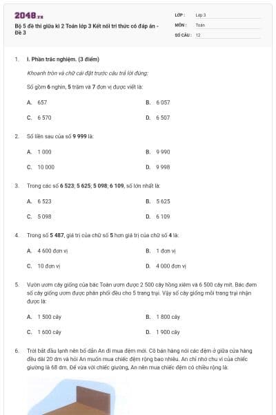 Bộ 5 đề thi giữa kì 2 Toán lớp 3 Kết nối tri thức có đáp án - Đề 3