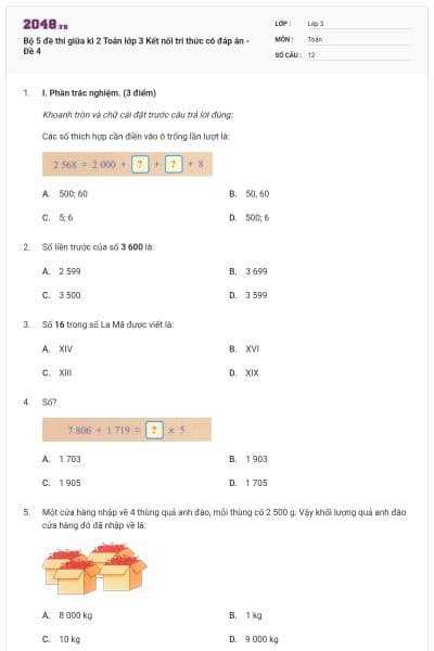 Bộ 5 đề thi giữa kì 2 Toán lớp 3 Kết nối tri thức có đáp án - Đề 4