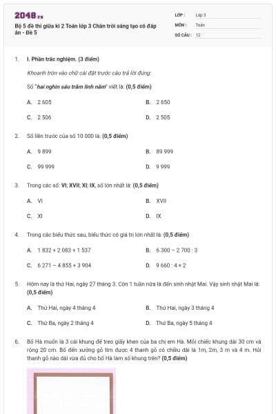 Bộ 5 đề thi giữa kì 2 Toán lớp 3 Chân trời sáng tạo có đáp án - Đề 5