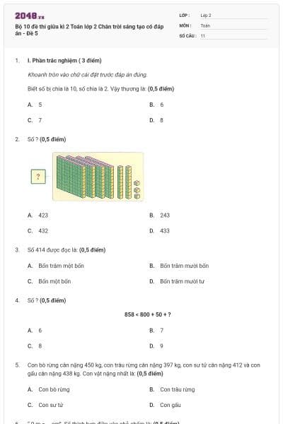 Bộ 10 đề thi giữa kì 2 Toán lớp 2 Chân trời sáng tạo có đáp án - Đề 5