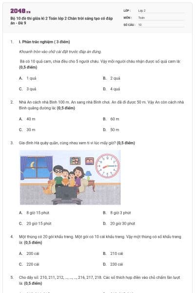 Bộ 10 đề thi giữa kì 2 Toán lớp 2 Chân trời sáng tạo có đáp án - Đề 9