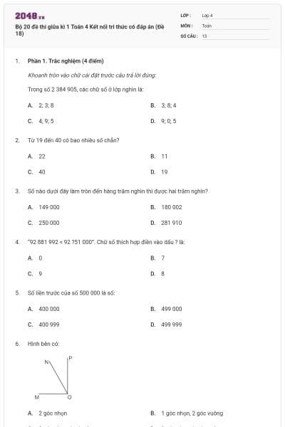 Bộ 20 đề thi giữa kì 1 Toán 4 Kết nối tri thức có đáp án (Đề 18)