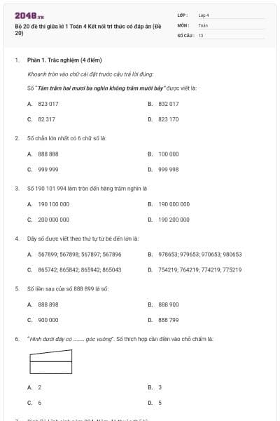 Bộ 20 đề thi giữa kì 1 Toán 4 Kết nối tri thức có đáp án (Đề 20)