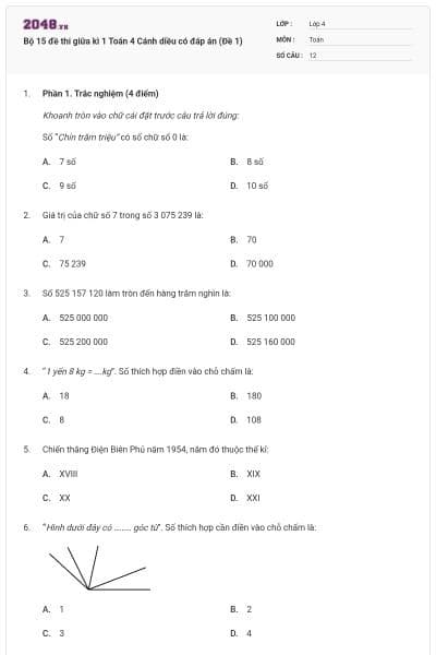Bộ 15 đề thi giữa kì 1 Toán 4 Cánh diều có đáp án (Đề 1)