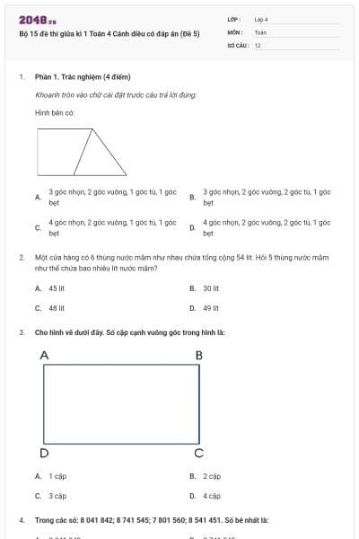 Bộ 15 đề thi giữa kì 1 Toán 4 Cánh diều có đáp án (Đề 5)
