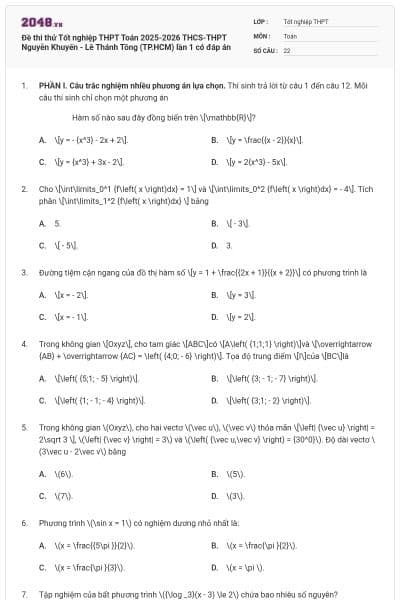 Đề thi thử Tốt nghiệp THPT Toán 2025-2026 THCS-THPT Nguyễn Khuyến - Lê Thánh Tông (TP.HCM) lần 1 có đáp án