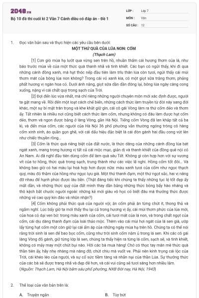 Bộ 10 đề thi cuối kì 2 Văn 7 Cánh diều có đáp án - Đề 1