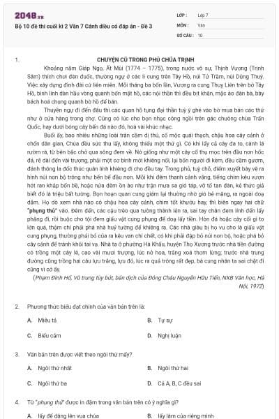 Bộ 10 đề thi cuối kì 2 Văn 7 Cánh diều có đáp án - Đề 3