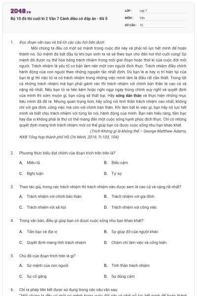Bộ 10 đề thi cuối kì 2 Văn 7 Cánh diều có đáp án - Đề 5