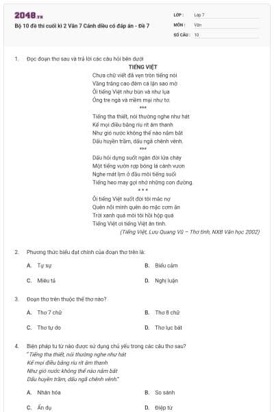 Bộ 10 đề thi cuối kì 2 Văn 7 Cánh diều có đáp án - Đề 7