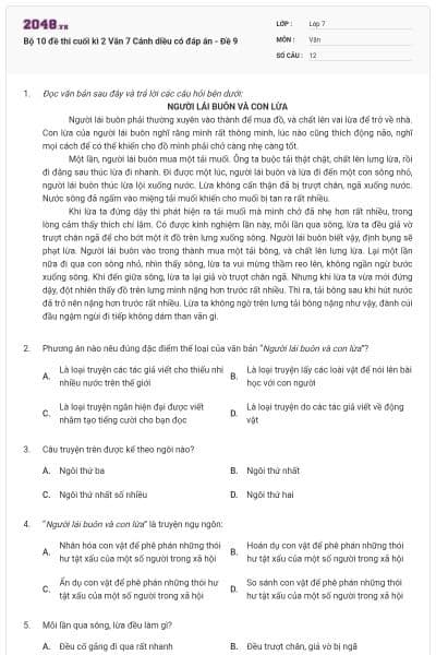 Bộ 10 đề thi cuối kì 2 Văn 7 Cánh diều có đáp án - Đề 9
