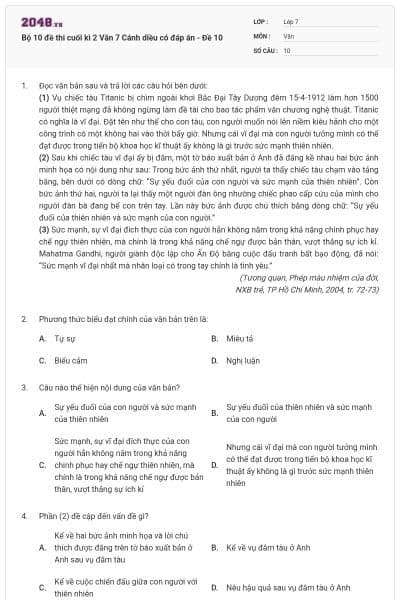 Bộ 10 đề thi cuối kì 2 Văn 7 Cánh diều có đáp án - Đề 10