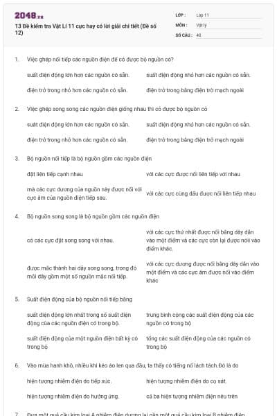 13 Đề kiểm tra Vật Lí 11 cực hay có lời giải chi tiết (Đề số 12)