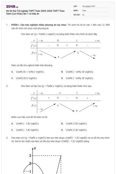 Đề thi thử Tốt nghiệp THPT Toán 2025-2026 THPT Than Uyên (Lai Châu) lần 1 có đáp án