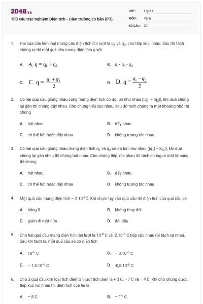 100 câu trắc nghiệm Điện tích - Điện trường cơ bản (P3)