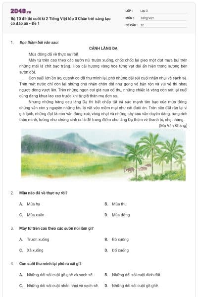 Bộ 10 đề thi cuối kì 2 Tiếng Việt lớp 3 Chân trời sáng tạo có đáp án - Đề 1