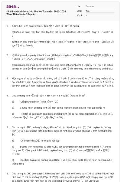 Đề thi tuyển sinh vào lớp 10 môn Toán năm 2023-2024 Thừa Thiên Huế có đáp án