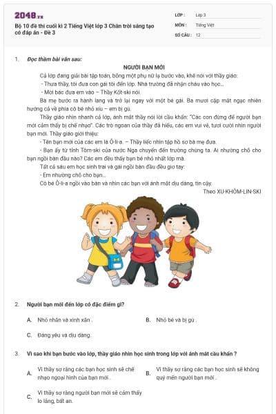 Bộ 10 đề thi cuối kì 2 Tiếng Việt lớp 3 Chân trời sáng tạo có đáp án - Đề 3