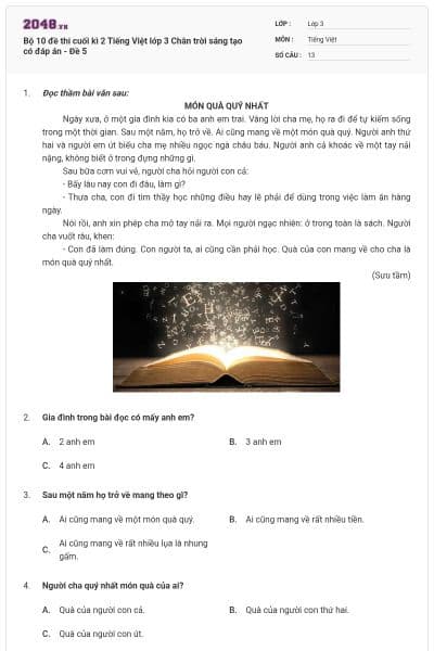 Bộ 10 đề thi cuối kì 2 Tiếng Việt lớp 3 Chân trời sáng tạo có đáp án - Đề 5