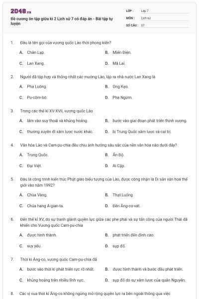 Đề cương ôn tập giữa kì 2 Lịch sử 7 có đáp án - Bài tập tự luyện