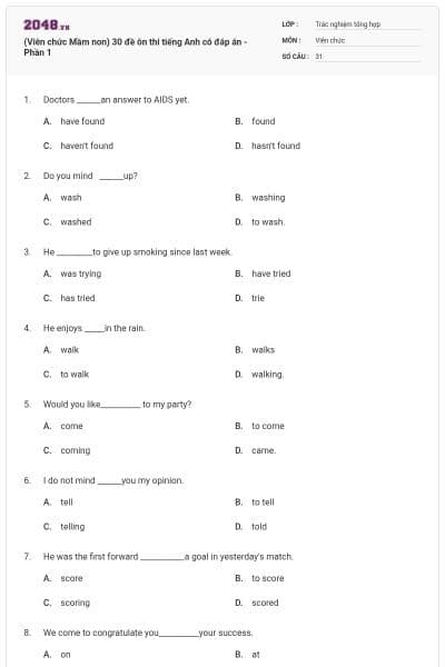 (Viên chức Mầm non) 30 đề ôn thi tiếng Anh có đáp án - Phần 1