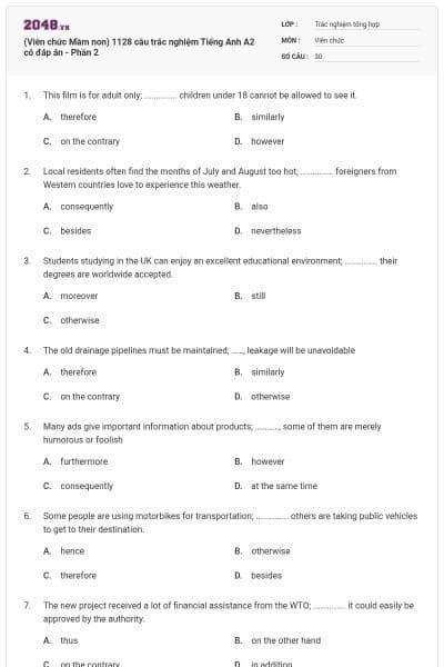 (Viên chức Mầm non) 1128 câu trắc nghiệm Tiếng Anh A2 có đáp án - Phần 2