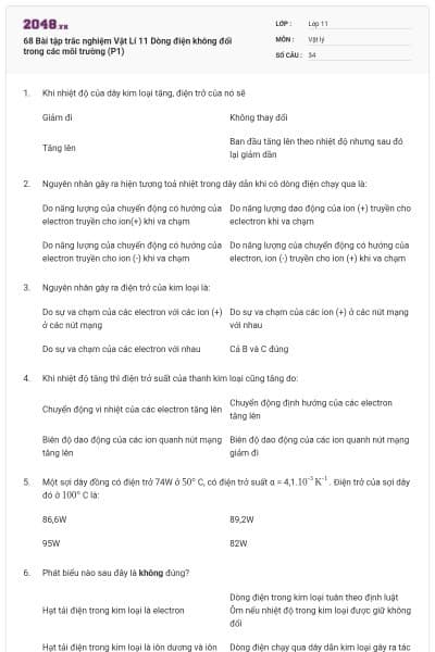 68 Bài tập trắc nghiệm Vật Lí 11 Dòng điện không đổi trong các môi trường (P1)