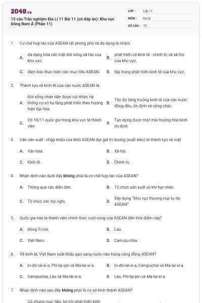 15 câu Trắc nghiệm Địa Lí 11 Bài 11 (có đáp án): Khu vực Đông Nam Á (Phần 11)