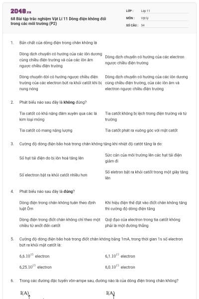 68 Bài tập trắc nghiệm Vật Lí 11 Dòng điện không đổi trong các môi trường (P2)