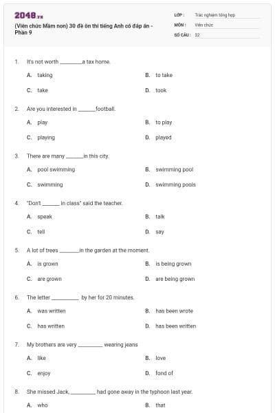 (Viên chức Mầm non) 30 đề ôn thi tiếng Anh có đáp án - Phần 9