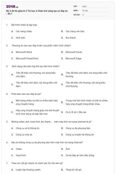 Bộ 4 đề thi giữa kì 2 Tin học 6 Chân trời sáng tạo có đáp án - Đề 1