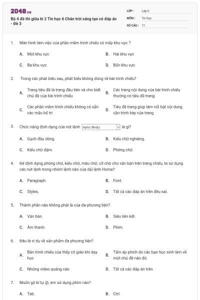 Bộ 4 đề thi giữa kì 2 Tin học 6 Chân trời sáng tạo có đáp án - Đề 3