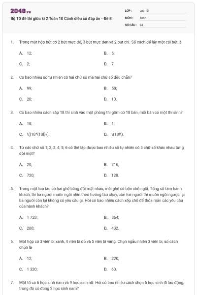 Bộ 10 đề thi giữa kì 2 Toán 10 Cánh diều có đáp án - Đề 8