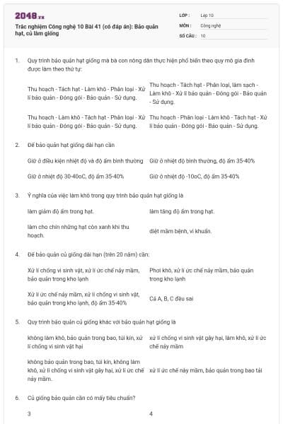 Trắc nghiệm Công nghệ 10 Bài 41 (có đáp án): Bảo quản hạt, củ làm giống