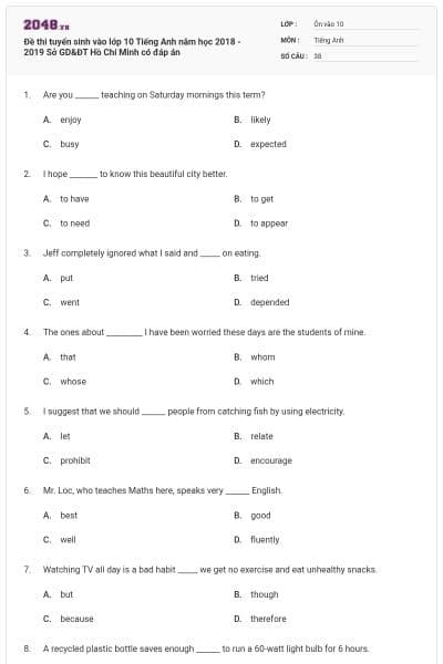Đề thi tuyển sinh vào lớp 10 Tiếng Anh năm học 2018 - 2019 Sở GD&ĐT Hồ Chí Minh có đáp án
