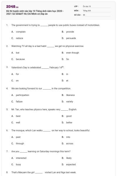 Đề thi tuyển sinh vào lớp 10 Tiếng Anh năm học 2020 - 2021 Sở GD&ĐT Hồ Chí Minh có đáp án
